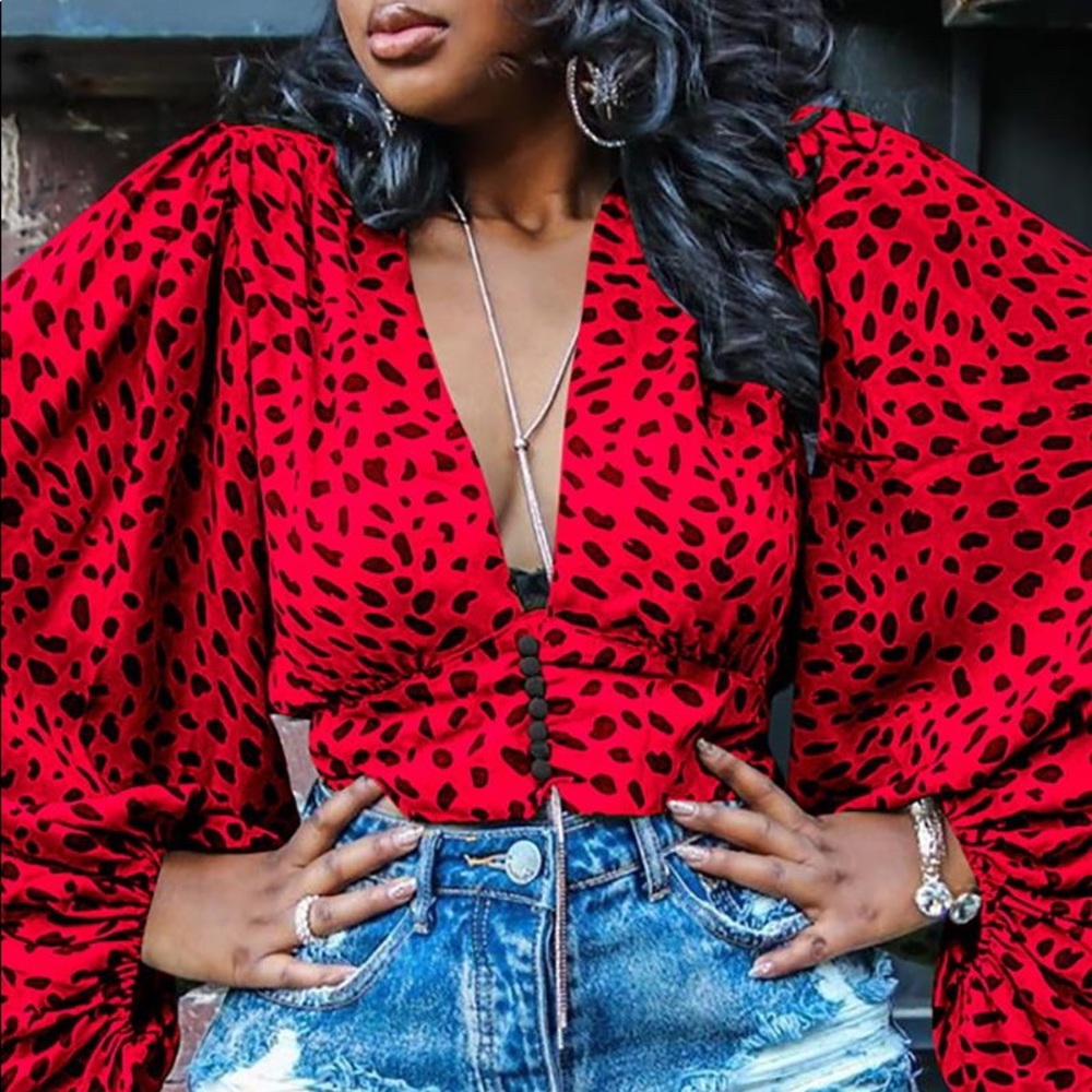 Batwing Red and Black polka dot blouse